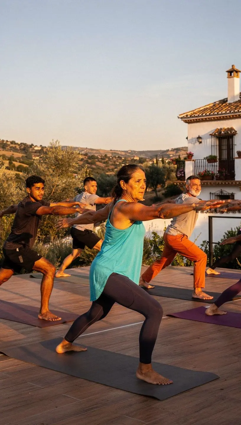 Grupo de estudiantes practicando ejercicios de coordinación en una clase de yoga.