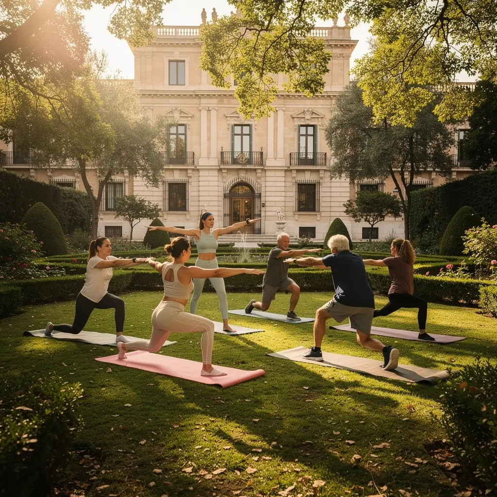 Grupo de practicantes de yoga en una clase, enfocados en ejercicios de coordinación y control corporal.
