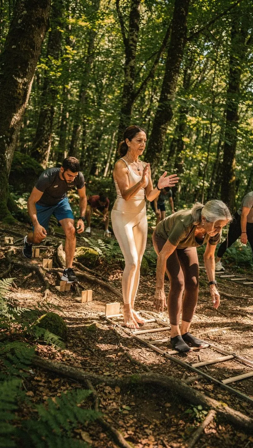 Grupo de practicantes de yoga en una clase, enfocados en ejercicios de coordinación y control corporal.