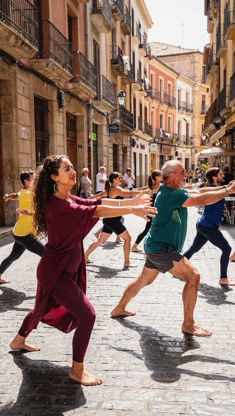 Grupo de practicantes de yoga en una clase, enfocados en ejercicios de coordinación y control corporal.