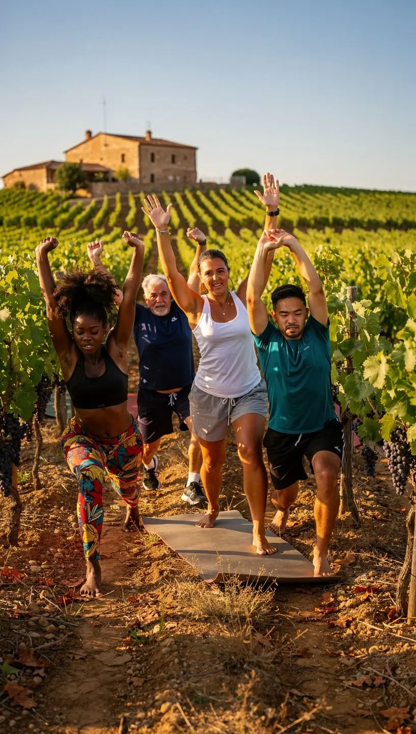 Grupo de practicantes de yoga en una clase, enfocados en ejercicios de coordinación y control corporal.