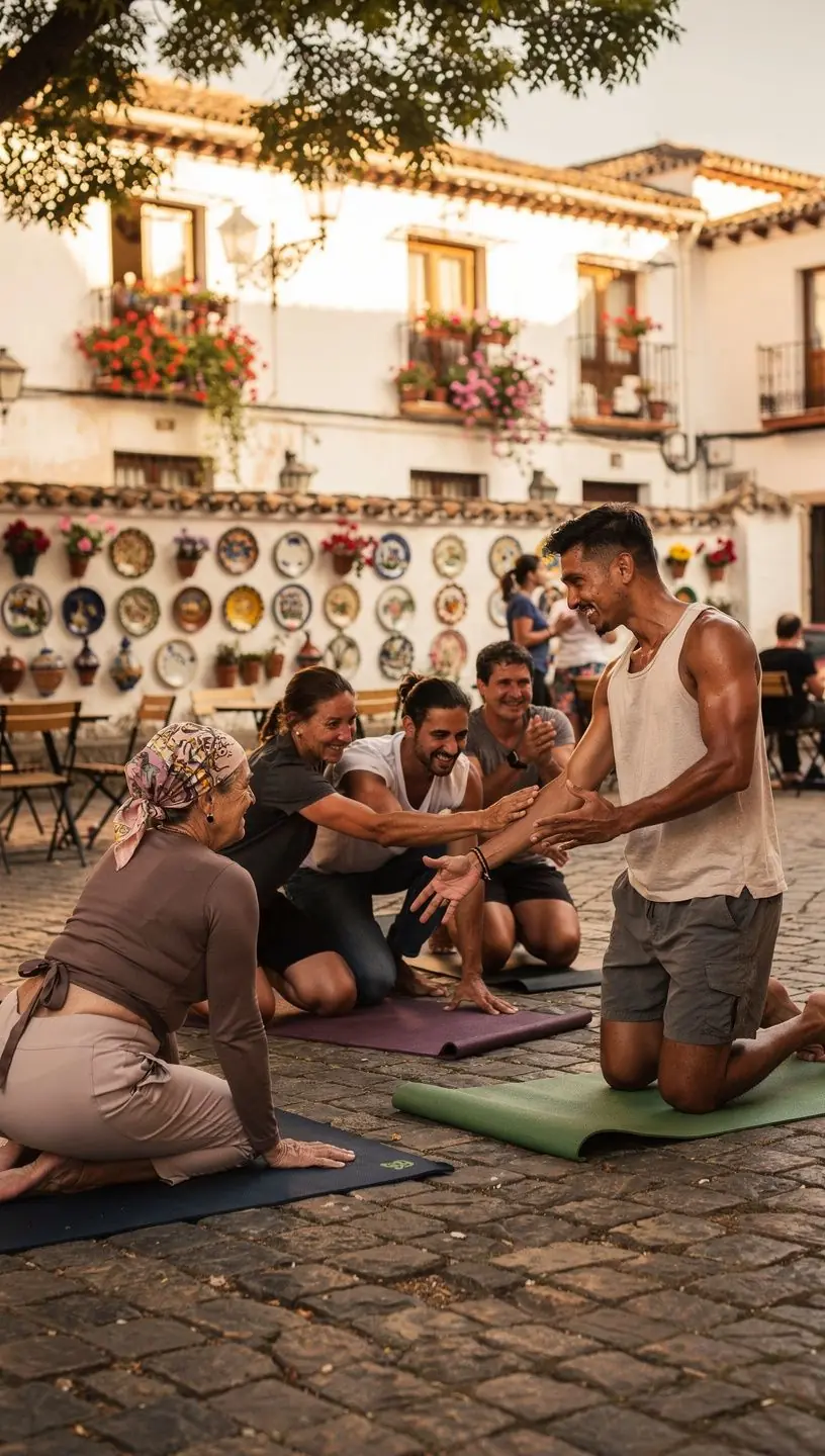 Grupo de practicantes de yoga en una clase, enfocados en ejercicios de coordinación y control corporal.